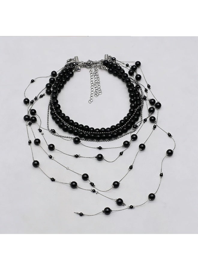 Multi-Layer Black Beaded Tassel Necklace Set Gothic Style Choker For Women Party Wear - Image 3